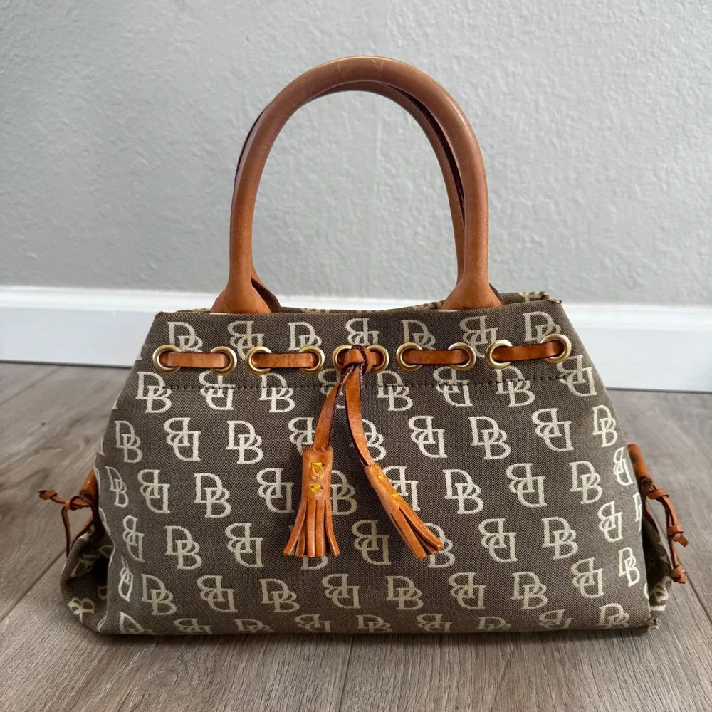 Vtg Dooney & Bourke Monogram Canvas Satchel Bag Leather Trim Tassel Handbag y2k